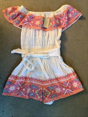 Ramy Brook Off-Shoulder Embroidered Birdie Romper with Pink Multi Border